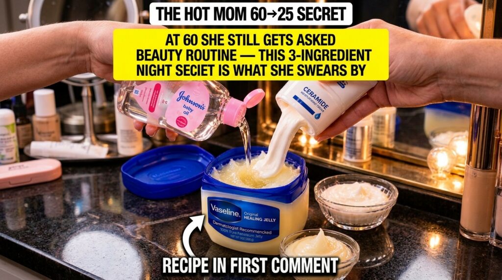 Hands mixing Vaseline Johnson s Baby Oil and ceramide cream in a bowl