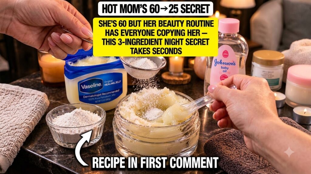 A hand sifting white niacinamide powder through a small strainer into a glass jar containing a creamy yellowish mixture 