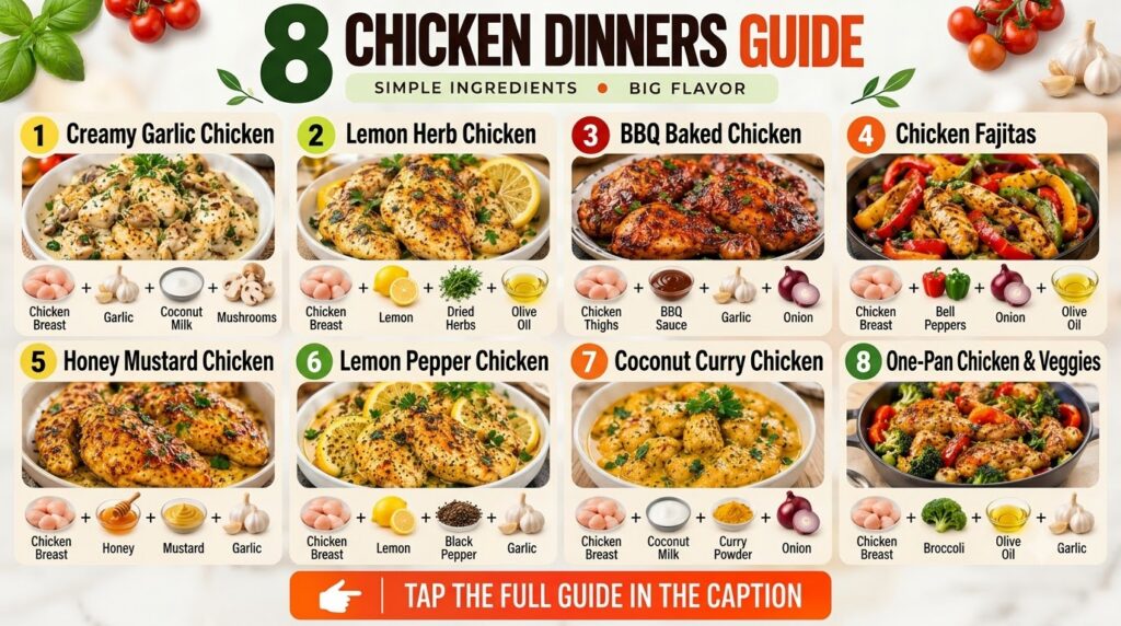 A grid-format guide to 8 chicken dinners showing prepared dishes and their raw ingredients