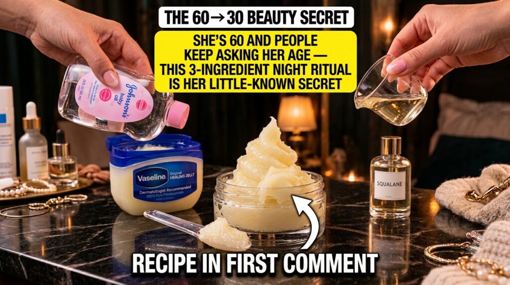 Hands mixing Vaseline baby oil and squalane in a clear glass jar with a spoon showing the preparation of the night ritua