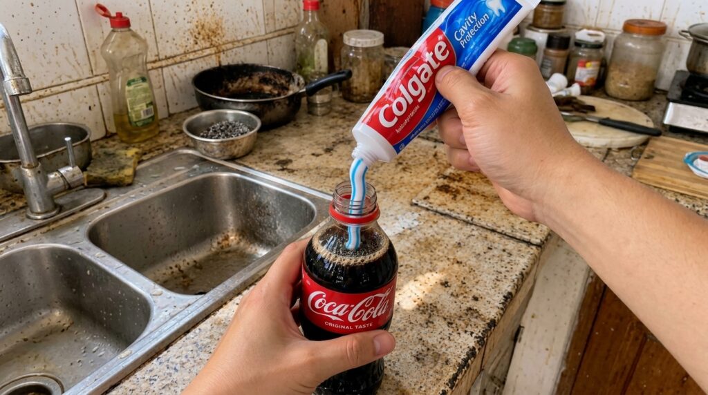 Hands squeezing toothpaste into a Coca-Cola bottle causing foam