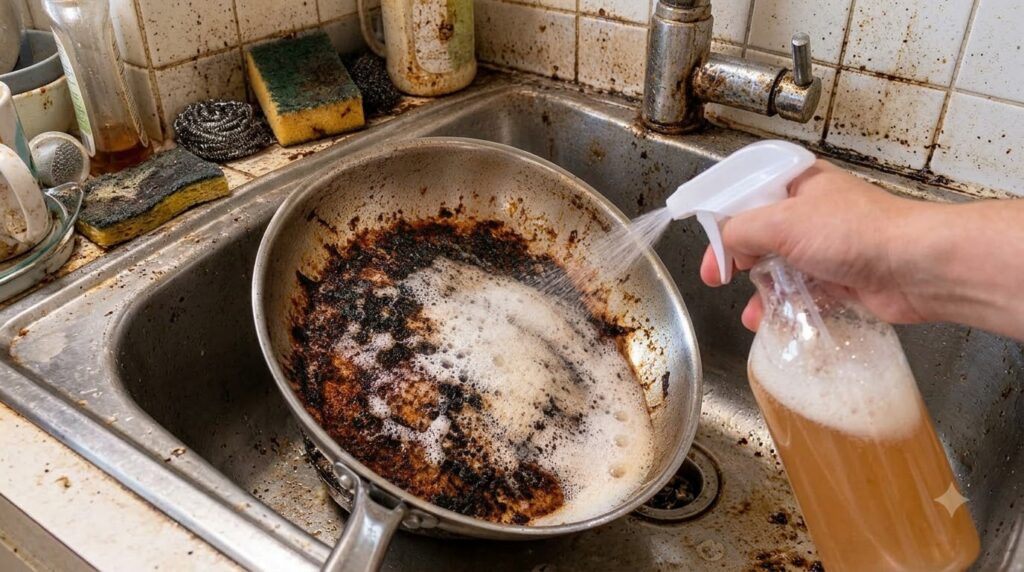 Una sartén muy quemada y sucia en un fregadero de cocina desordenado Una mano aplica un limpiador en aerosol formando es
