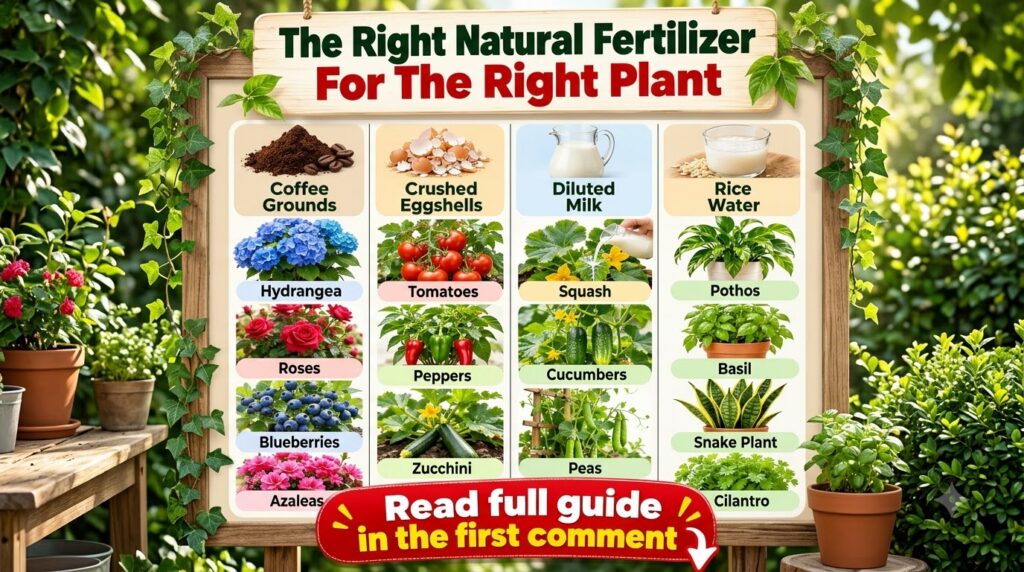 An infographic showing various natural fertilizers like coffee grounds crushed eggshells diluted milk and rice water pai