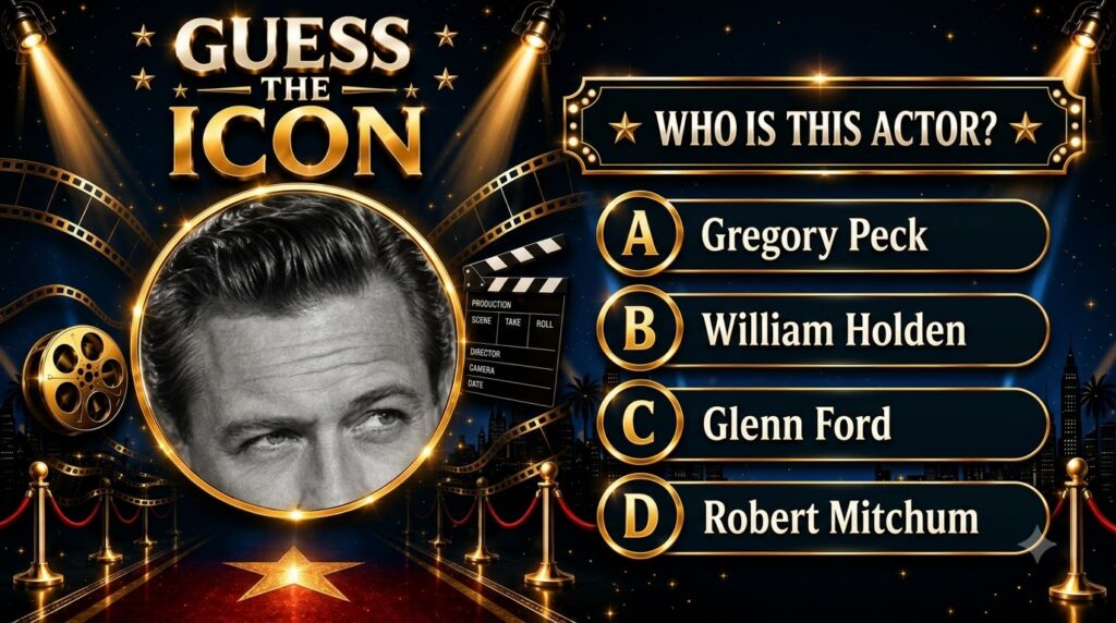 A vertical quiz poster titled GUESS THE ICON featuring a black-and-white close-up of a classic male actor Gregory Peck w