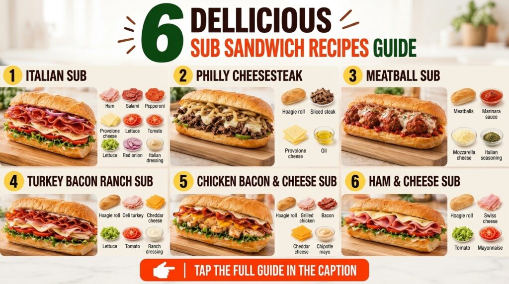 A visual guide displaying six different sub sandwich recipes in a grid format Each section features a fully assembled su