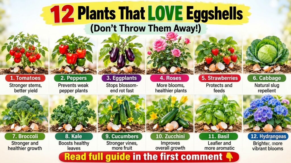 A visual guide showcasing 12 different plants benefiting from eggshells arranged in a grid with a title banner 12 Plants
