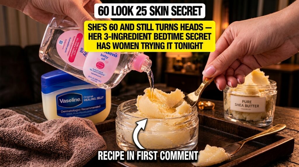 Johnson s baby oil being poured into a small glass jar containing a thick light-colored mixture likely a shea butter bas