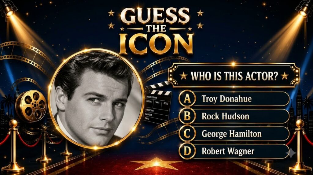 A quiz poster titled Guess the Icon featuring a black and white close-up portrait of a classic Hollywood actor in a circ