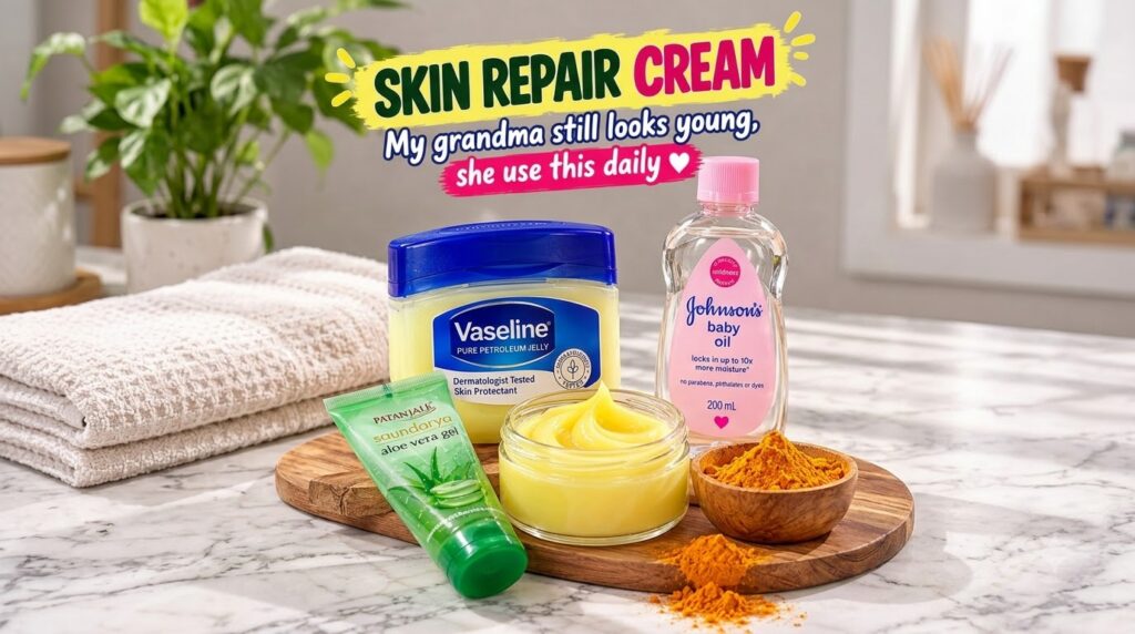 A flat lay of natural skincare ingredients and products including Vaseline petroleum jelly Johnson s baby oil aloe vera 