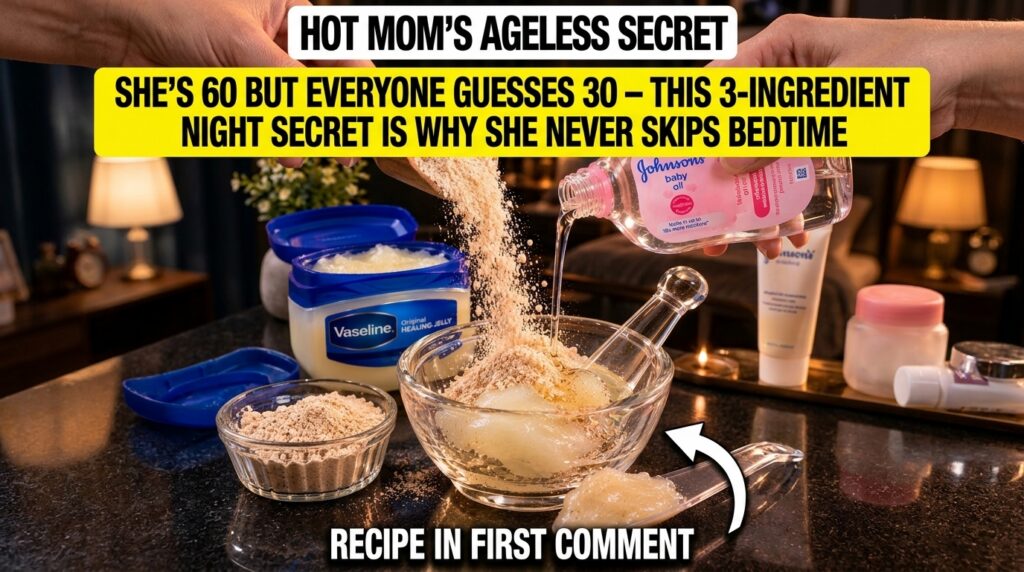 Hands mixing Vaseline colloidal oatmeal and baby oil in a glass bowl