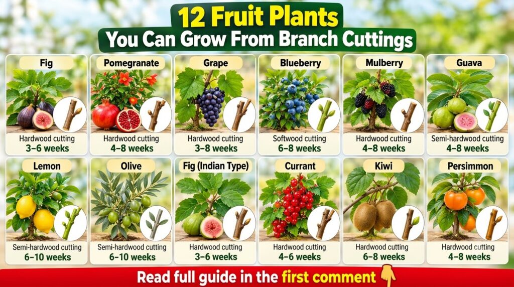 A well-organized grid showcasing 12 different fruit plants each with their mature fruit and a corresponding branch cutti