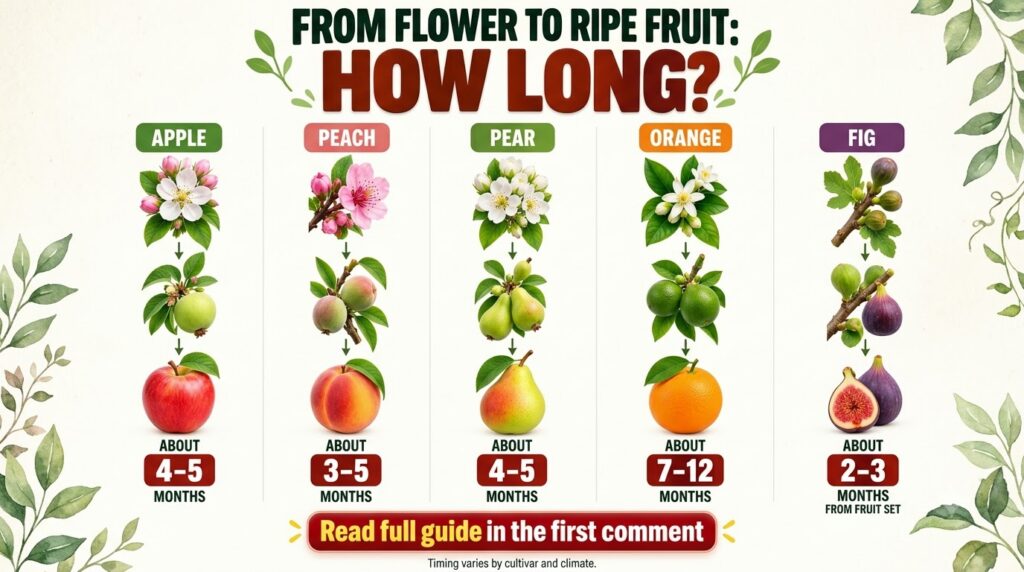 An infographic showing the growth cycle and ripening times of various fruits like Apple Peach Pear Orange and Fig from b