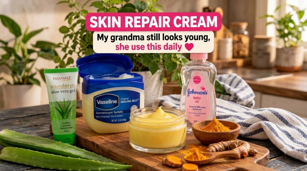 A flat lay composition of natural skincare ingredients and common beauty products on a wooden surface including Vaseline