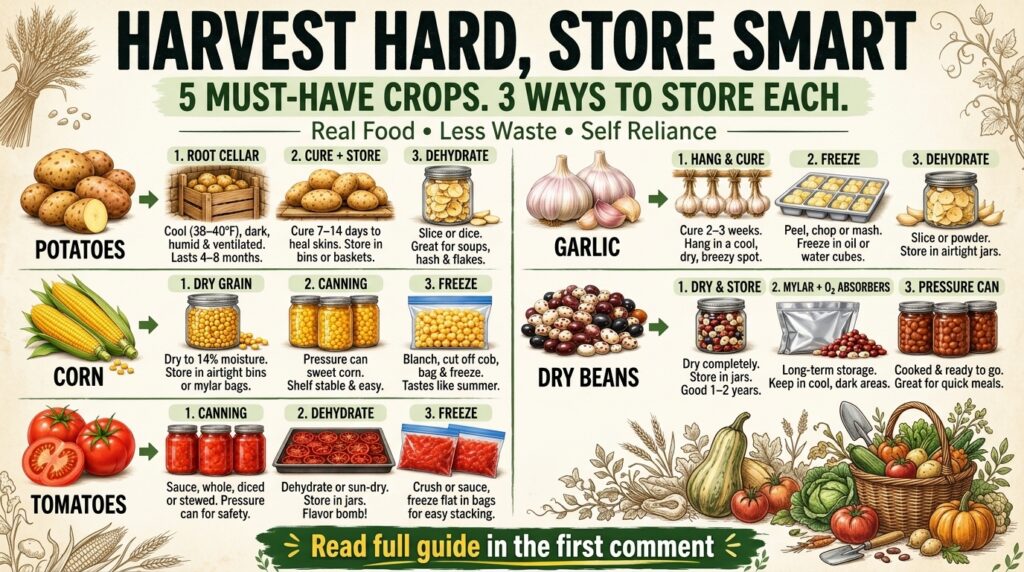 An infographic titled HARVEST HARD STORE SMART showing 5 crops potatoes corn tomatoes garlic dry beans with three storag