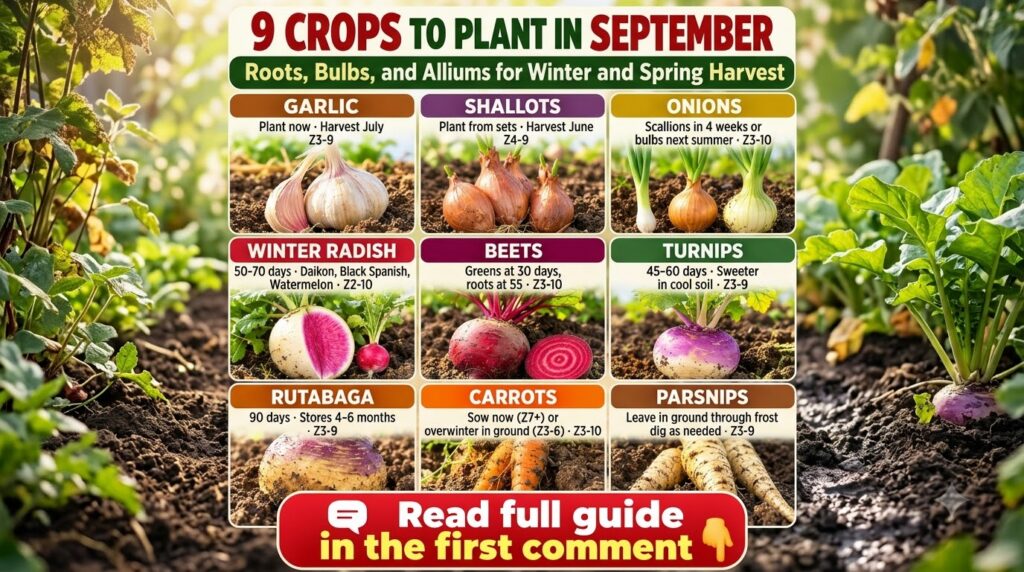 An infographic titled 9 Crops to Plant in September showing a 3x3 grid of various root bulb and allium crops like garlic