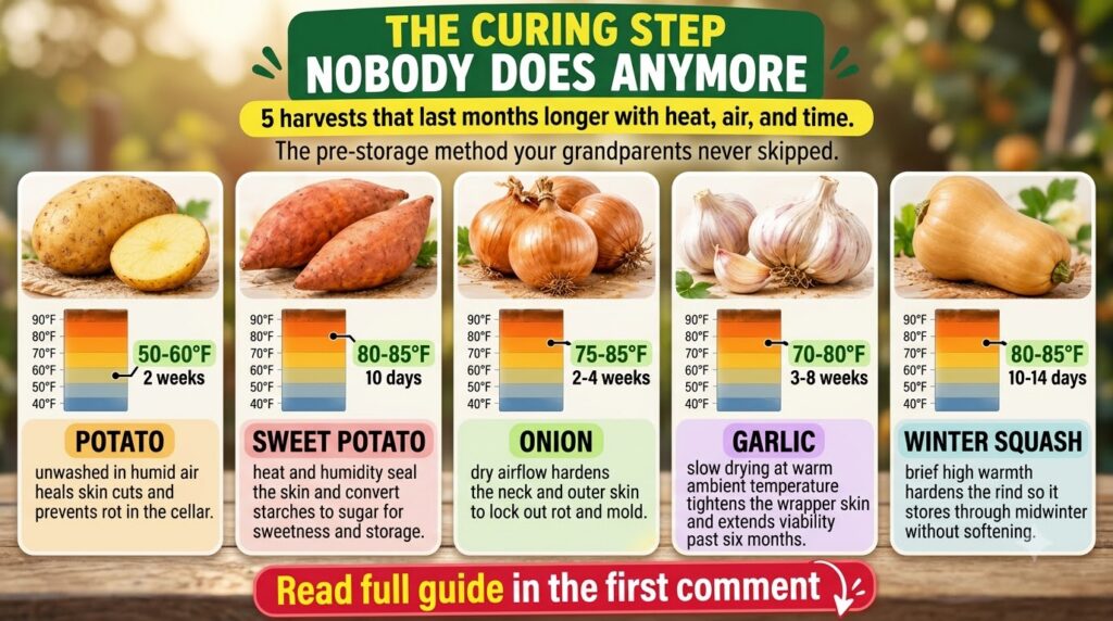 Infographic showing the curing process for potatoes sweet potatoes onions garlic and winter squash with temperature grap