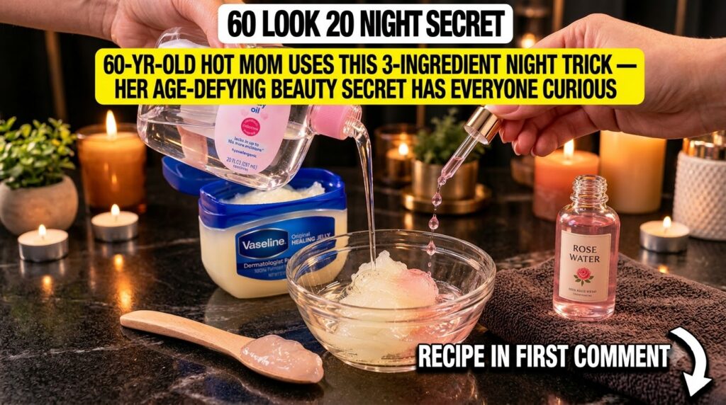 Hands mixing Vaseline Johnson s baby oil and rose water in a glass bowl with a spoon warm candlelight and a green plant 