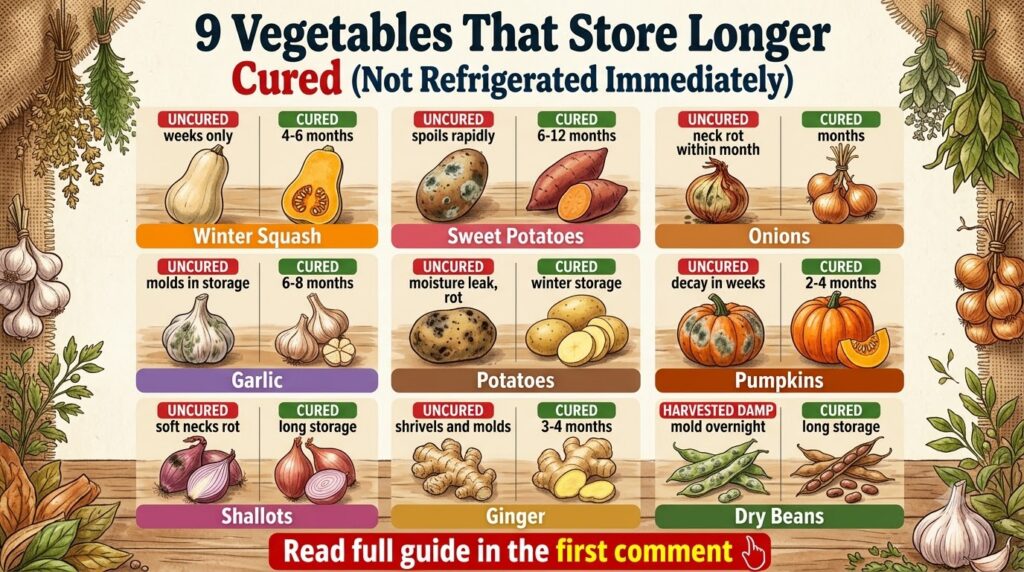 An infographic showing 9 different vegetables with examples of uncured spoiled vs cured fresh vegetables illustrating th