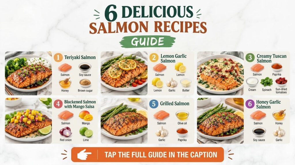 A vertical infographic displaying 6 Delicious Salmon Recipes Guide It features six distinct beautifully plated salmon di