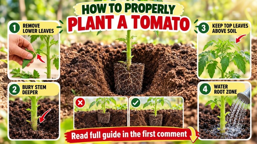 A multi-panel educational guide showing how to plant a tomato seedling with visible roots It illustrates steps like remo