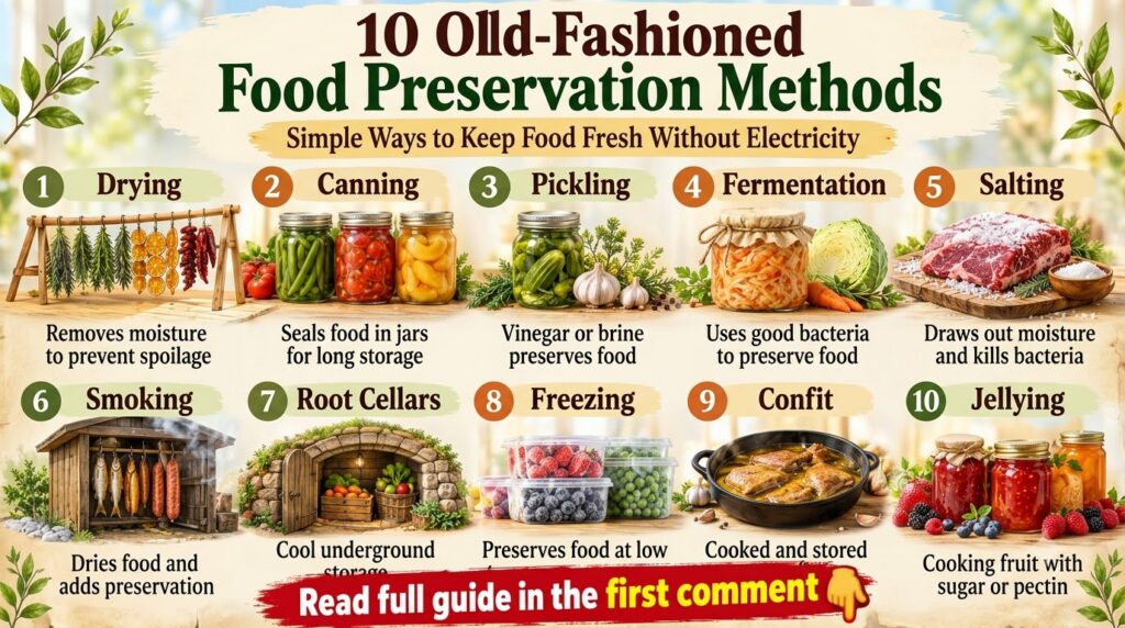 An infographic titled 10 Old-Fashioned Food Preservation Methods with various illustrated panels depicting techniques li
