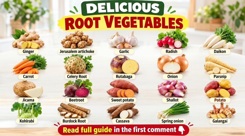 A vibrant grid layout of various labeled root vegetables including ginger carrots radishes potatoes jicama and burdock r