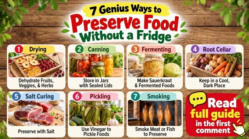 An infographic showing seven different food preservation methods in a grid Each section features a vibrant photo of the 