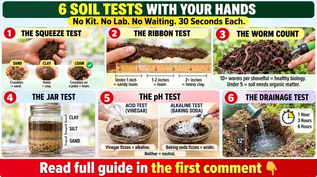 An infographic illustrating 6 simple hand tests for soil health showing hands interacting with soil worms a jar and chem