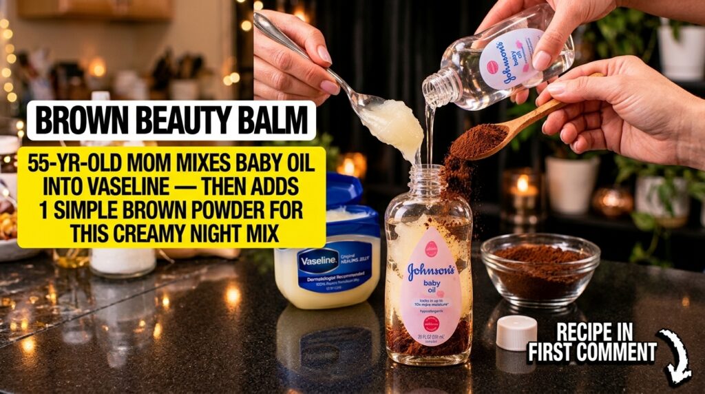 Hands mixing Vaseline baby oil and coffee powder into a clear bottle creating a DIY night balm