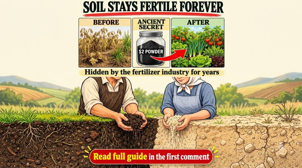 A visual representation contrasting poor dry light-colored soil with withered plants on one side and rich dark crumbly s