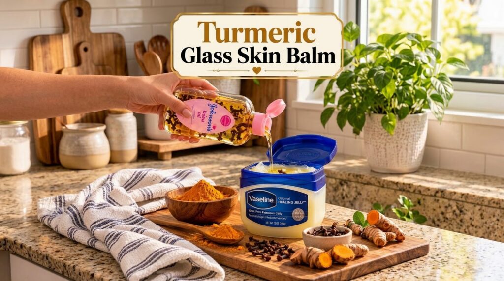 A hand pouring clove-infused baby oil into Vaseline with turmeric powder whole cloves and fresh turmeric roots on a wood