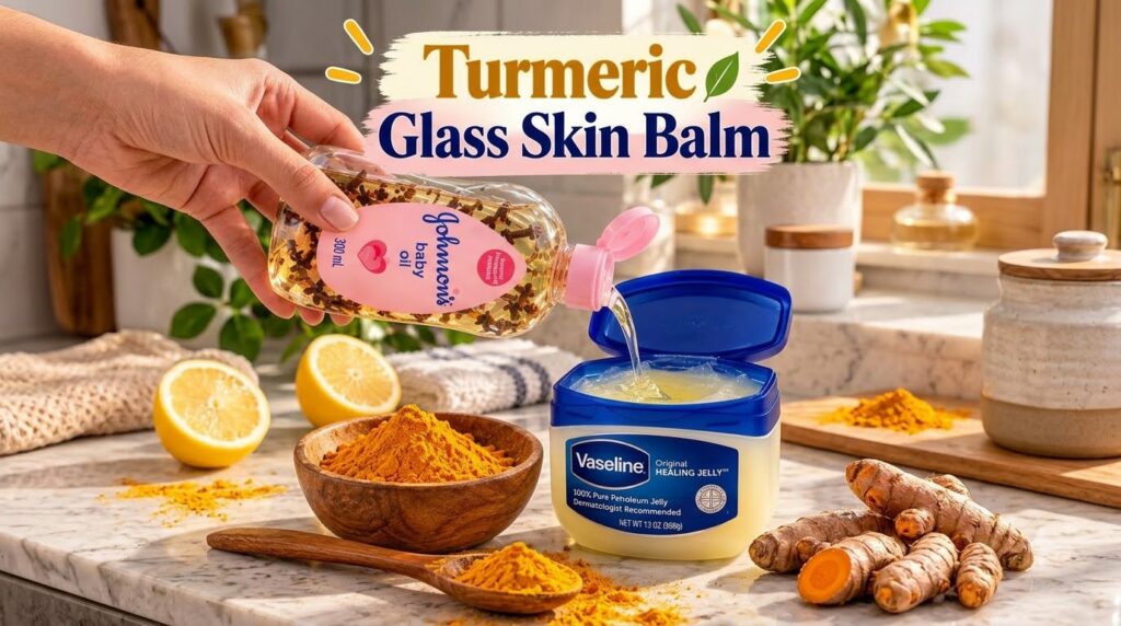 A hand pouring baby oil into a tub of Vaseline surrounded by turmeric powder whole turmeric roots and a half lemon on a