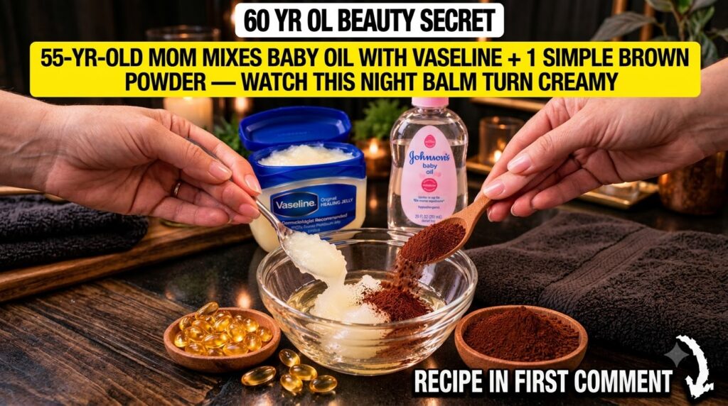 A close-up of hands mixing Vaseline cocoa powder vitamin E oil from capsules and baby oil in a glass bowl to create a be