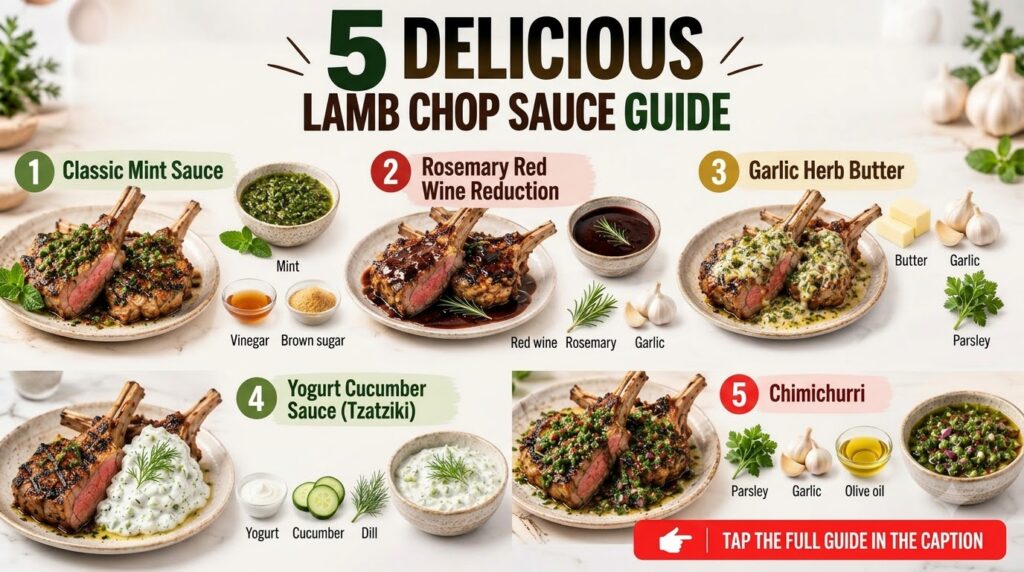 An infographic featuring five distinct plates of lamb chops each with a different sauce bowls of the prepared sauces and