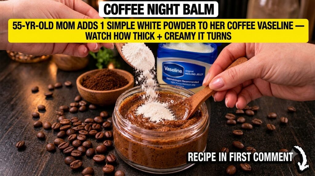Hands mixing a coffee night balm in a jar with white rice powder falling from a spoon into the dark mixture A tub of Vas