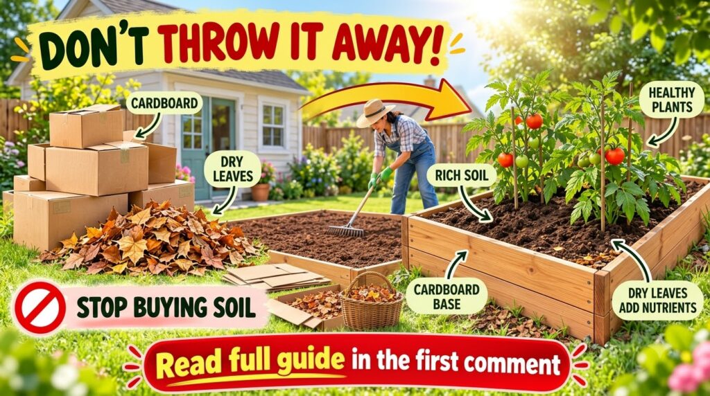 An infographic showing the before and after of a raised garden bed created with cardboard and dry leaves with tomato pla