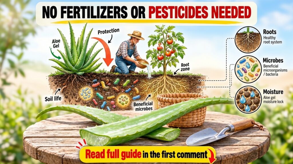 An infographic showing a farmer watering a tomato plant with an aloe plant nearby highlighting soil life roots beneficia