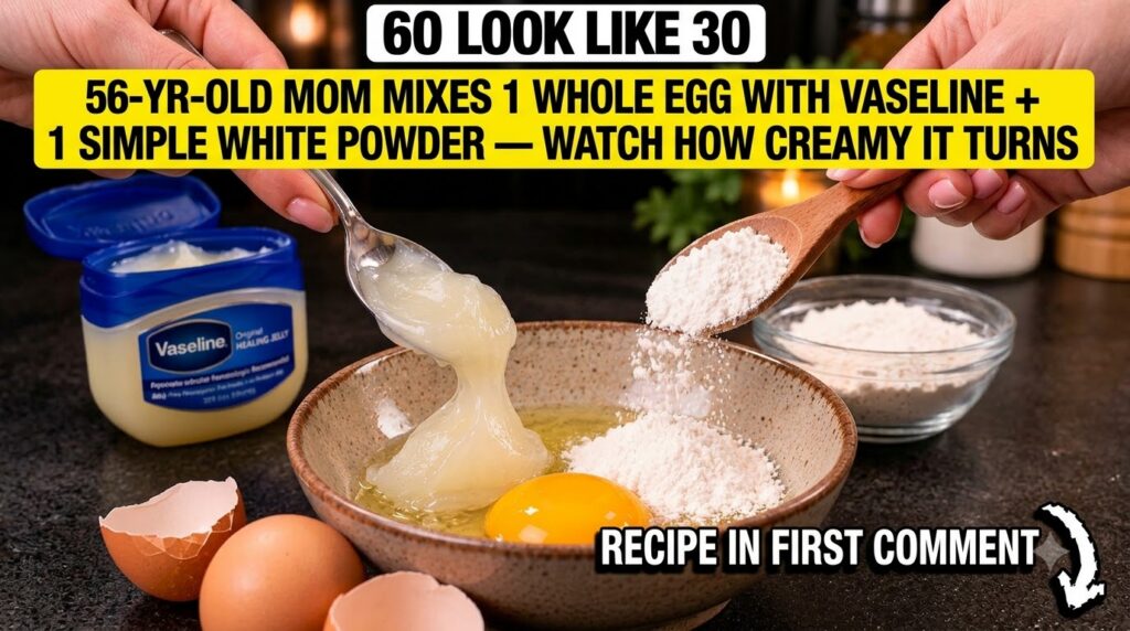Close-up of a ceramic bowl with Vaseline rice powder and a raw egg being mixed with a spoon A blue Vaseline jar whole eg