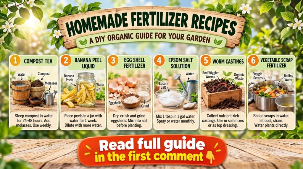 An infographic titled HOMEMADE FERTILIZER RECIPES A DIY ORGANIC GUIDE FOR YOUR GARDEN showing six methods Compost Tea Ba