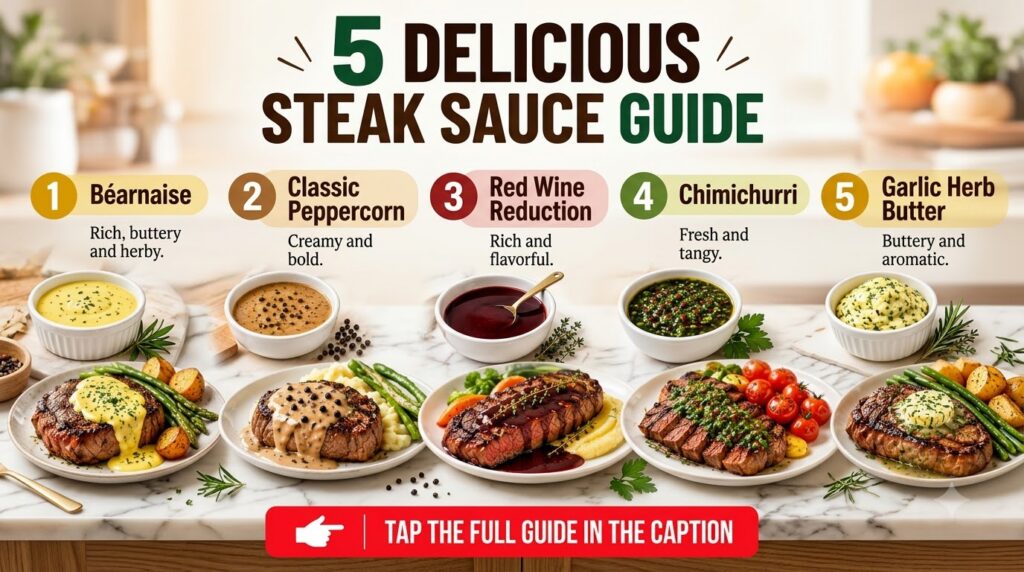 An infographic-style guide showcasing five different steak sauces each with a bowl of sauce and a perfectly cooked steak