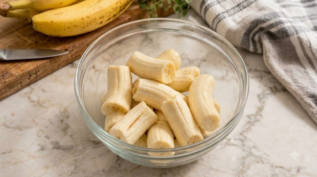 A stack of golden-brown banana peanut butter pancakes drizzled with maple syrup topped with fresh banana slices a spoonf