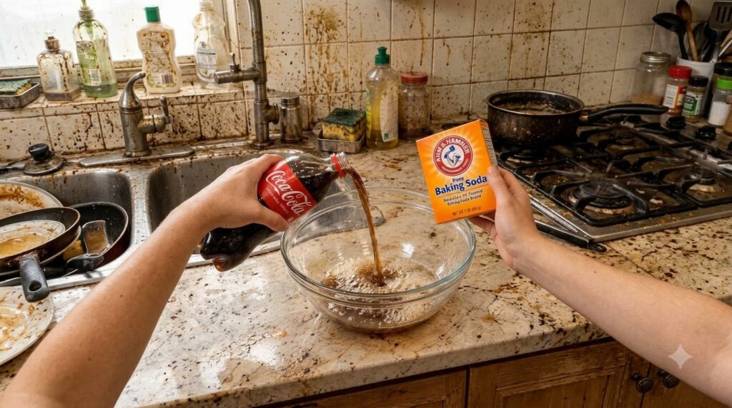 A top-down shot of Coca-Cola being poured from a bottle into a clear glass bowl creating fizz A hand holds a box of baki