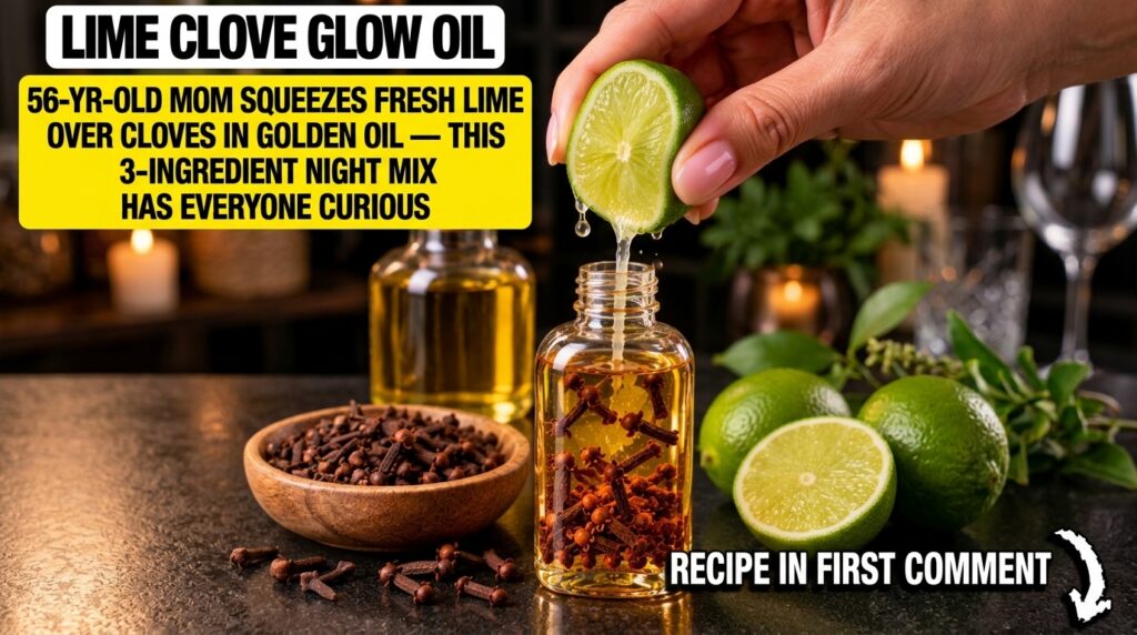 A hand squeezing a fresh lemon into a glass bottle containing golden oil and cloves surrounded by whole cloves and addit