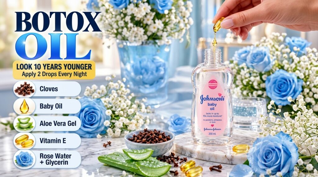 A bottle of Botox Oil made from Johnson s baby oil with a hand adding liquid from a golden capsule Surrounding ingredien