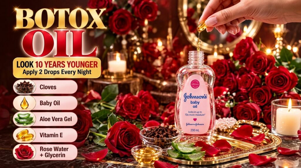 A bottle of Johnson s baby oil on a golden tray surrounded by cloves aloe vera slices vitamin E capsules and red rose pe