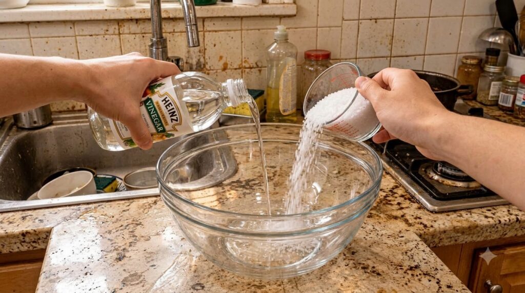 Two hands are pouring white granular baking soda from a measuring cup and clear vinegar from a bottle into a large empty