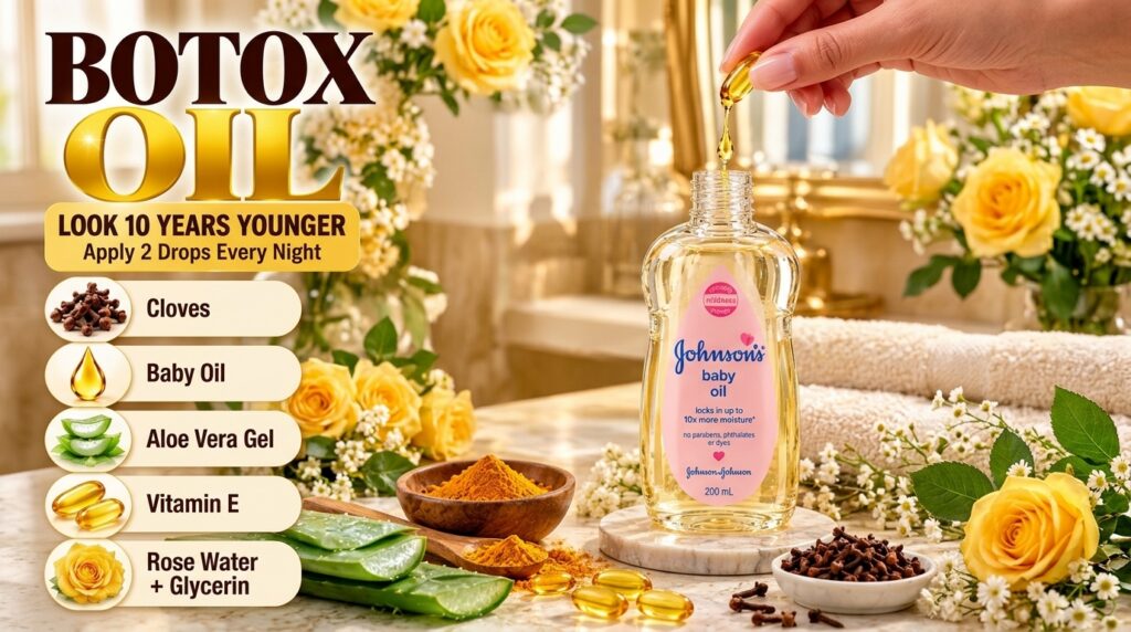 A bottle of Botox Oil prominently displayed with a hand squeezing an oil capsule a drop falling towards a Johnson s baby