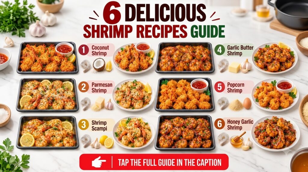 A grid of six different shrimp dishes each showing raw shrimp with ingredients and the finished cooked dish The dishes i