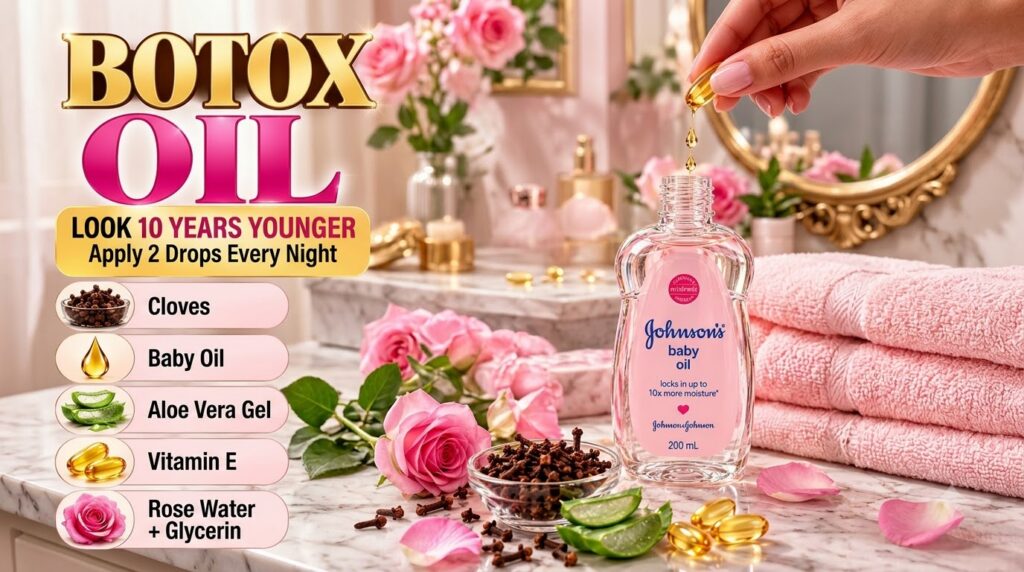 A bottle labeled Botox Oil made from Johnson s baby oil surrounded by cloves baby oil bottle aloe vera gel vitamin E cap