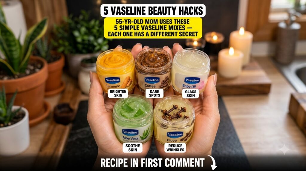 Two hands cupping five small open jars containing different Vaseline-based beauty mixes Turmeric Coffee Baby Oil Aloe Ve